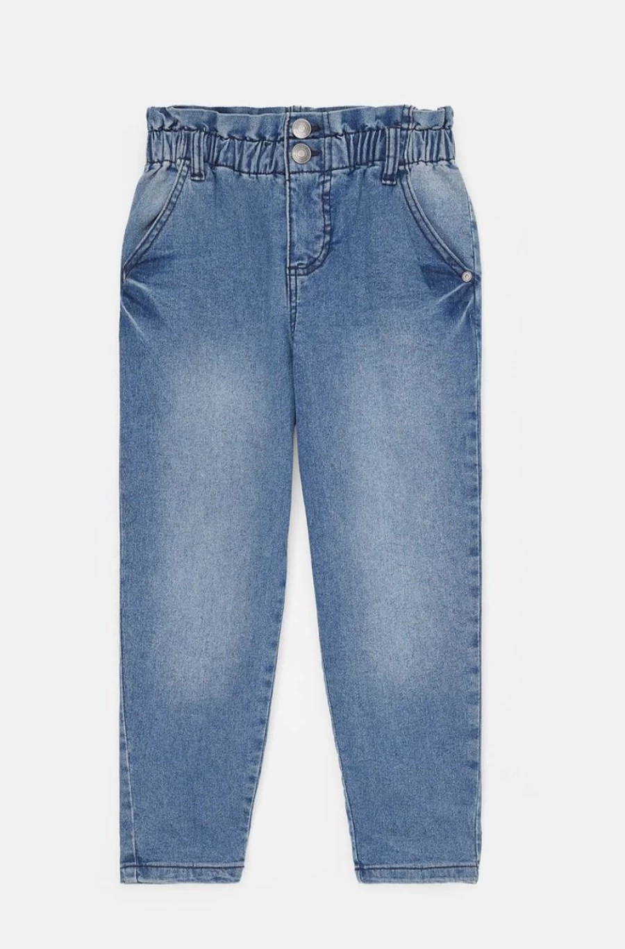 Benetton Girls' Blue Baggy Fit Jeans with Gathered Waist - Comfort Stretch Denim