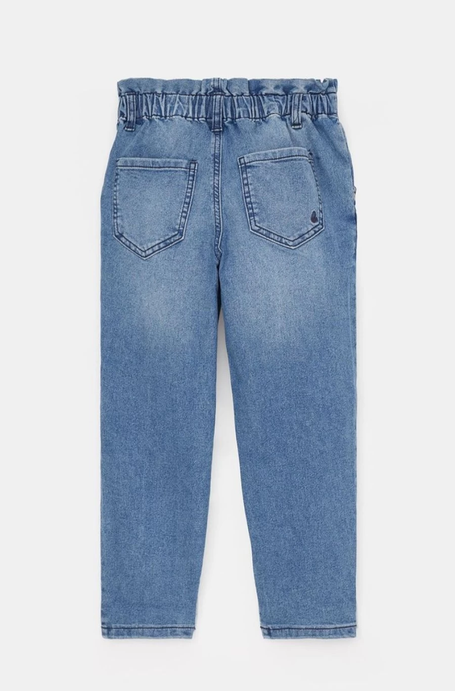 Benetton Girls' Blue Baggy Fit Jeans with Gathered Waist - Comfort Stretch Denim