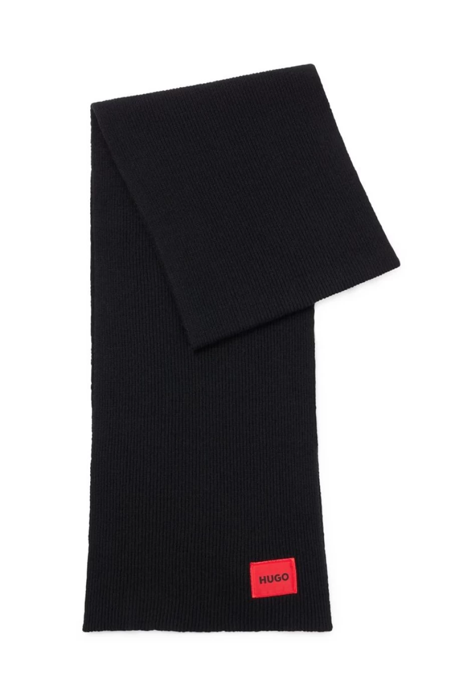"HUGO BOSS Men's Ribbed Wool-Blend Scarf with Embroidered Logo"