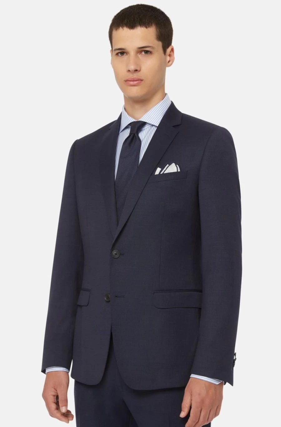 BOGGI MILANO Men's Navy Micro Textured Stretch Wool Suit – Premium Tailored Fit