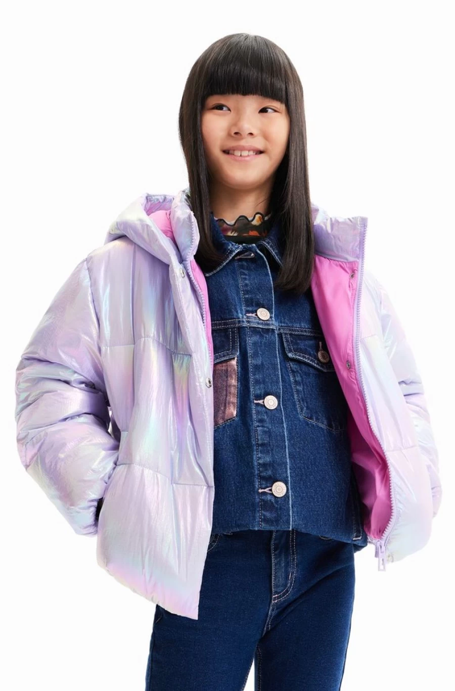 DESIGUAL Girls' Iridescent Quilted Jacket | Shimmering Color-Changing Outerwear