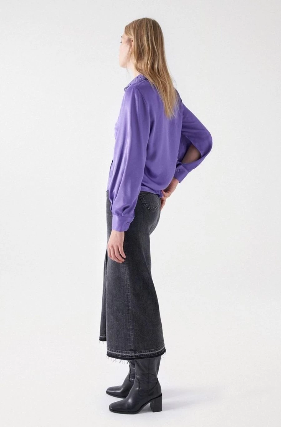 "SALSA JEANS Women's Satin Viscose Shirt with Metallic Pearl Embellishments"