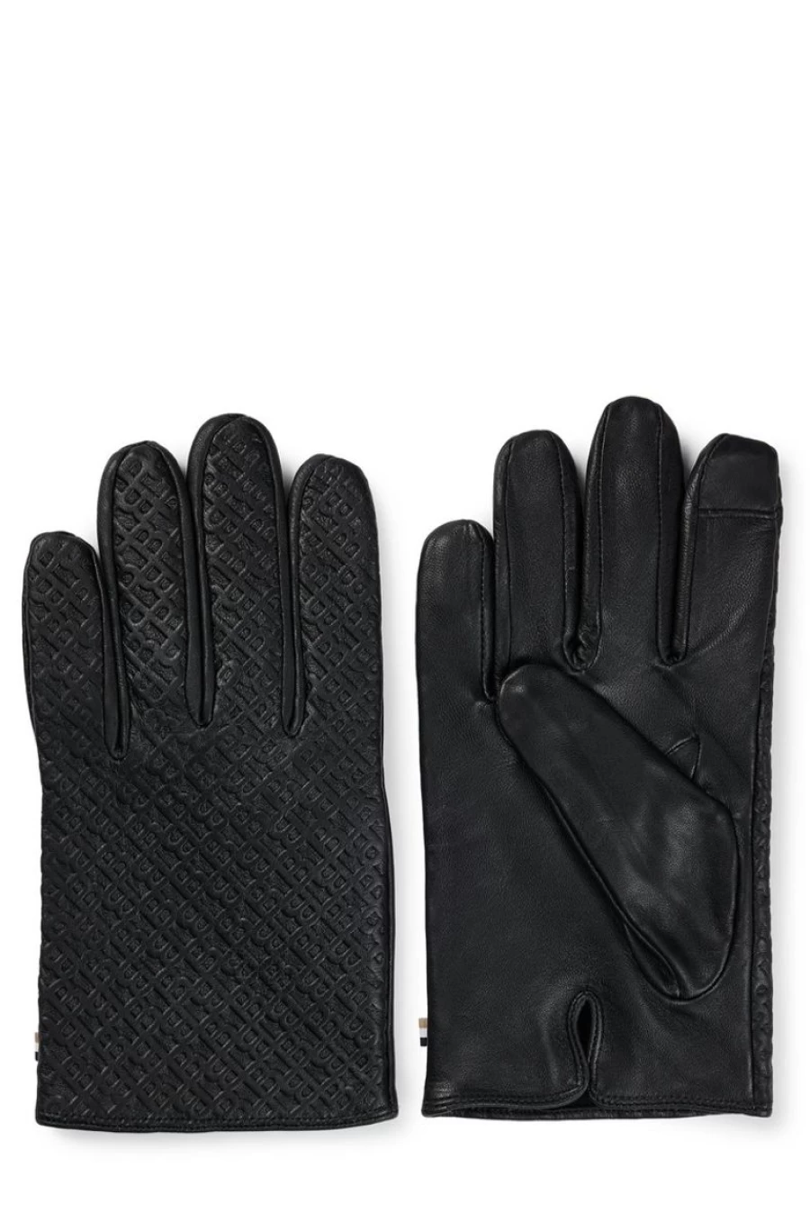 "HUGO BOSS Men's Black Leather Monogrammed Gloves"