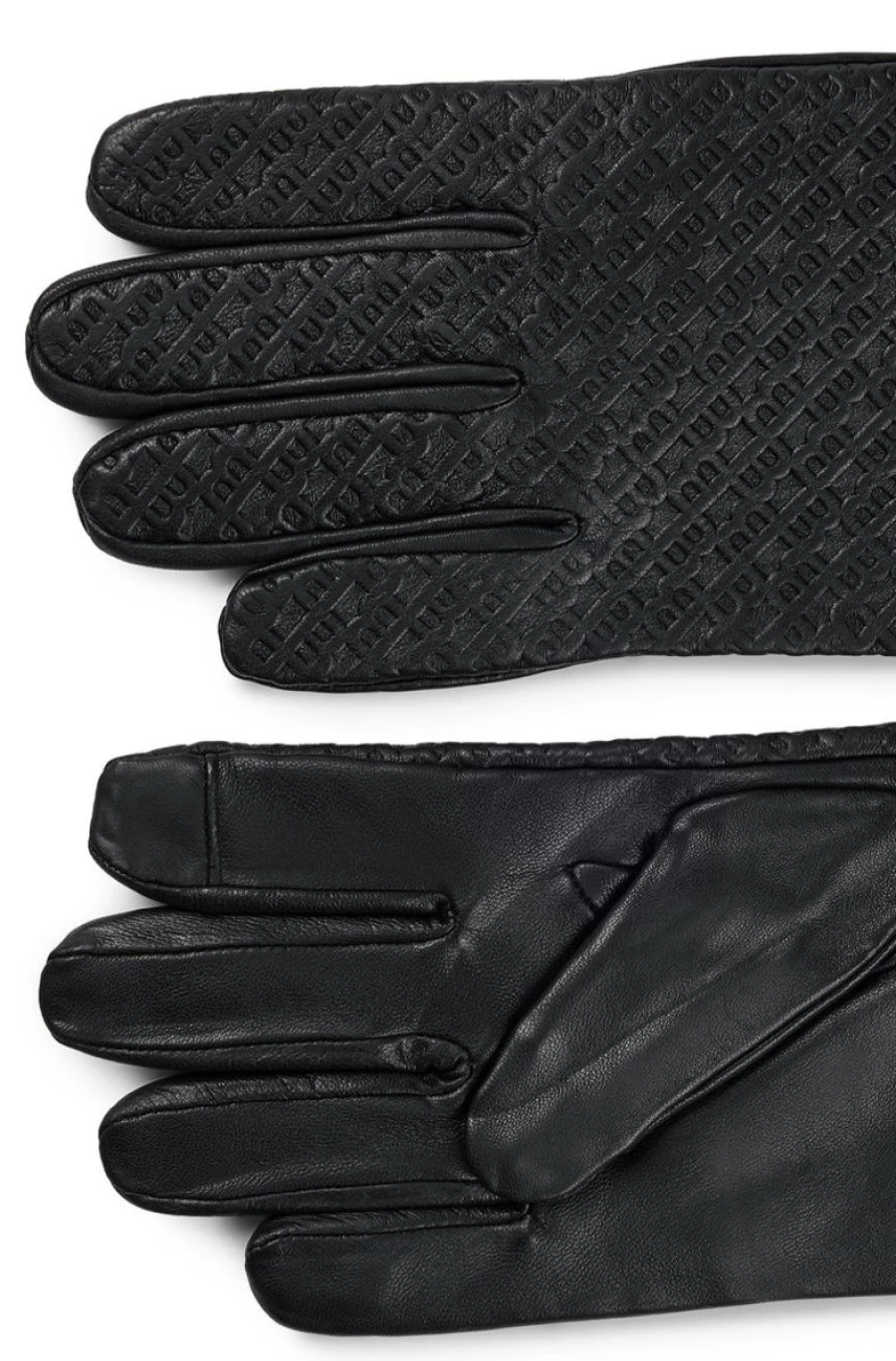 "HUGO BOSS Men's Black Leather Monogrammed Gloves"