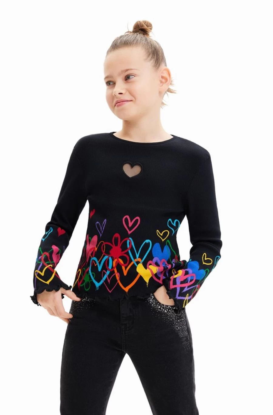 DESIGUAL Girls' Cut-Out Heart Graphic T-Shirt for Stylish Outfits