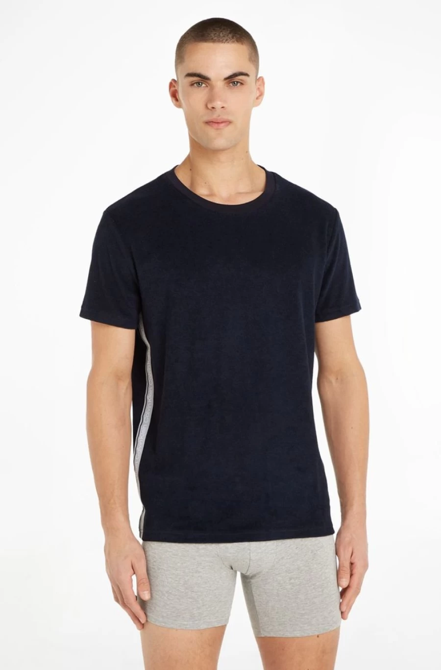 CALVIN KLEIN Men's Blue Crew Neck Towelling Tee with Logo Tape - Casual Cotton T-Shirt