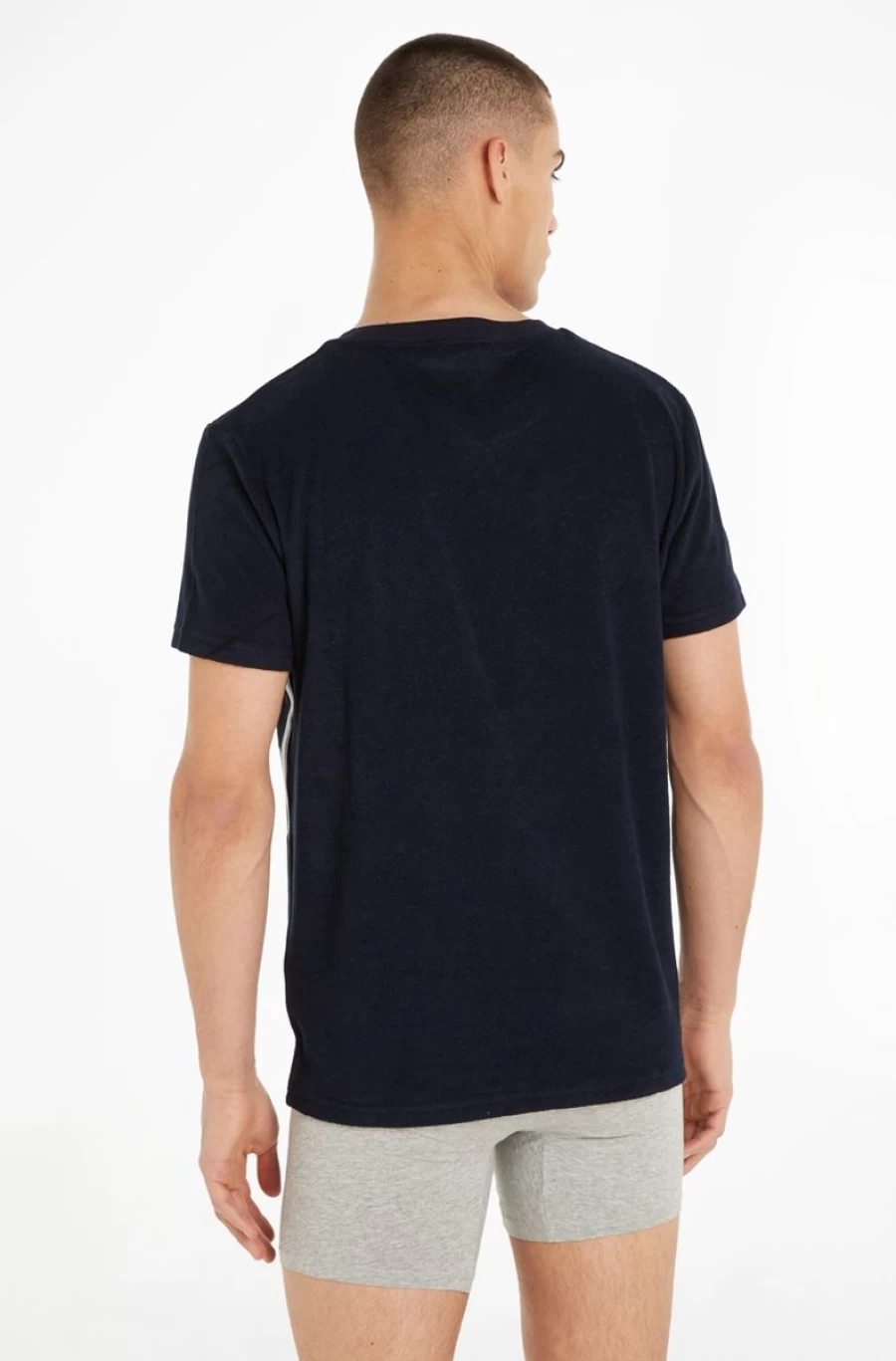 CALVIN KLEIN Men's Blue Crew Neck Towelling Tee with Logo Tape - Casual Cotton T-Shirt