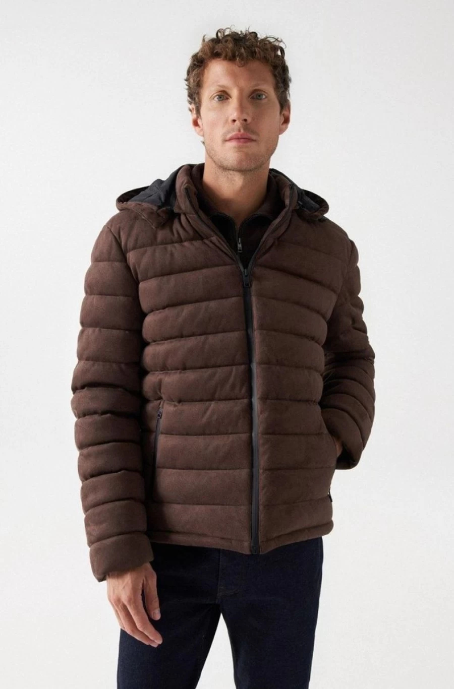 "SALSA JEANS Men's Faux-Suede Jacket with Detachable Hood – Lightweight Stylish Outerwear"