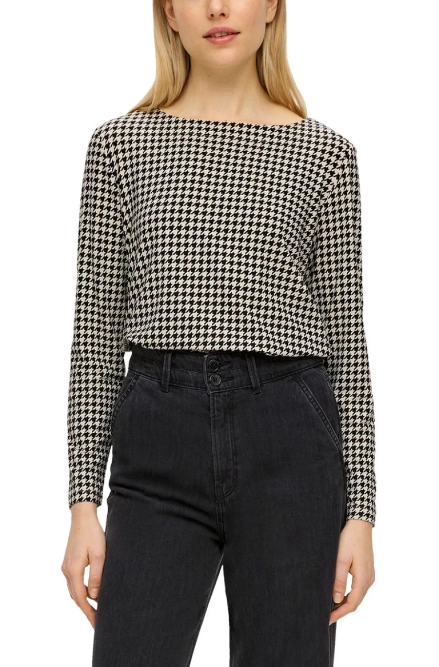 S.OLIVER Women's Black Houndstooth Long Sleeve Viscose Top