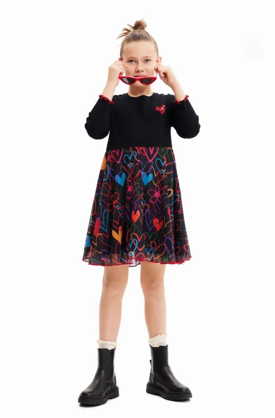 DESIGUAL Girls' Short Heart Print Combination Dress