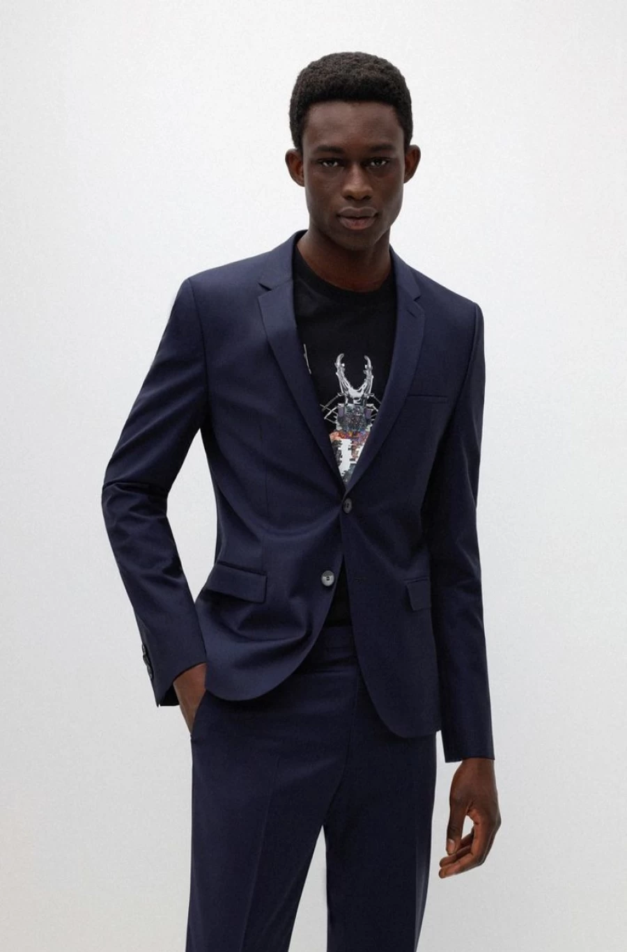 HUGO BOSS Men's Dark Blue Wool-Blend Performance Stretch Extra-Slim Fit Suit