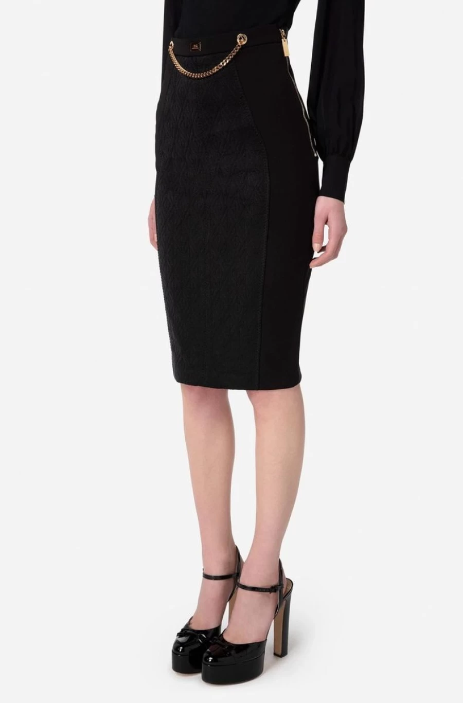 ELISABETTA FRANCHI Women's Black Skirt with Embossed Diamond Embroidery and Chain Detail