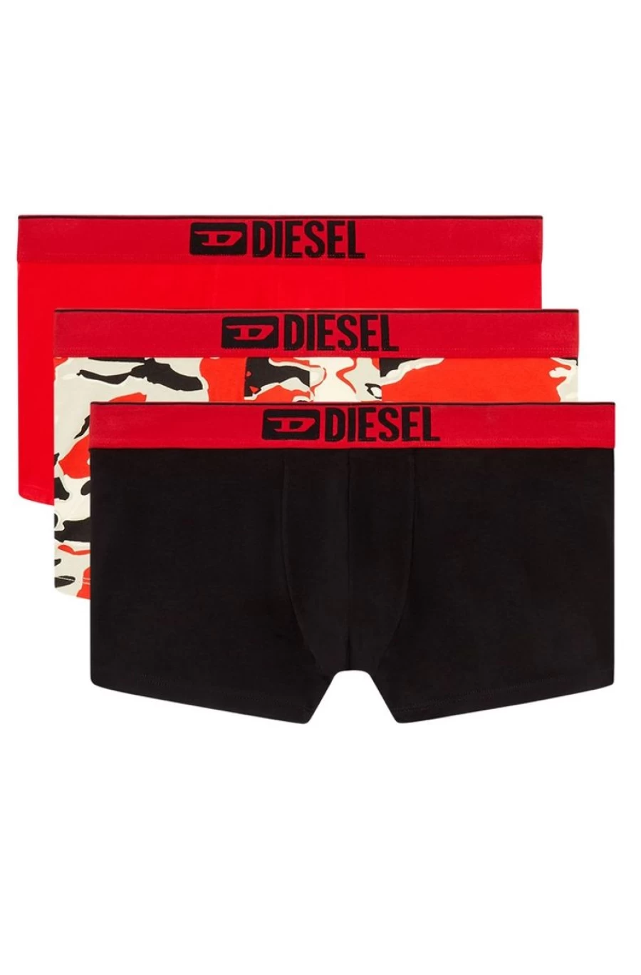 DIESEL Men's Red/Black Three-Pack Boxer Briefs with Logo Waistband & Graphic Print