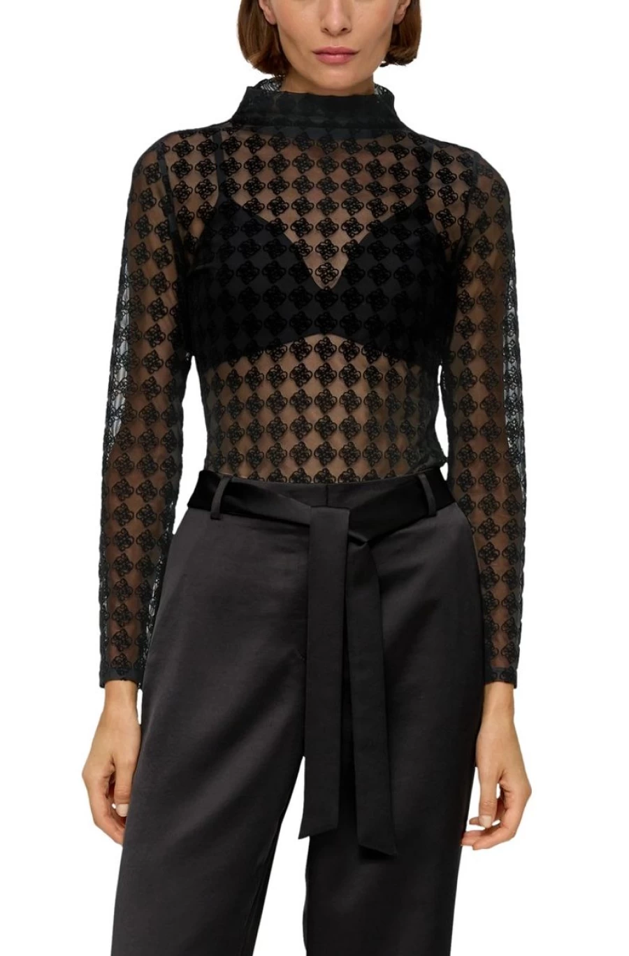 S.OLIVER Women's Black Mesh Long Sleeve Top with All-Over Pattern