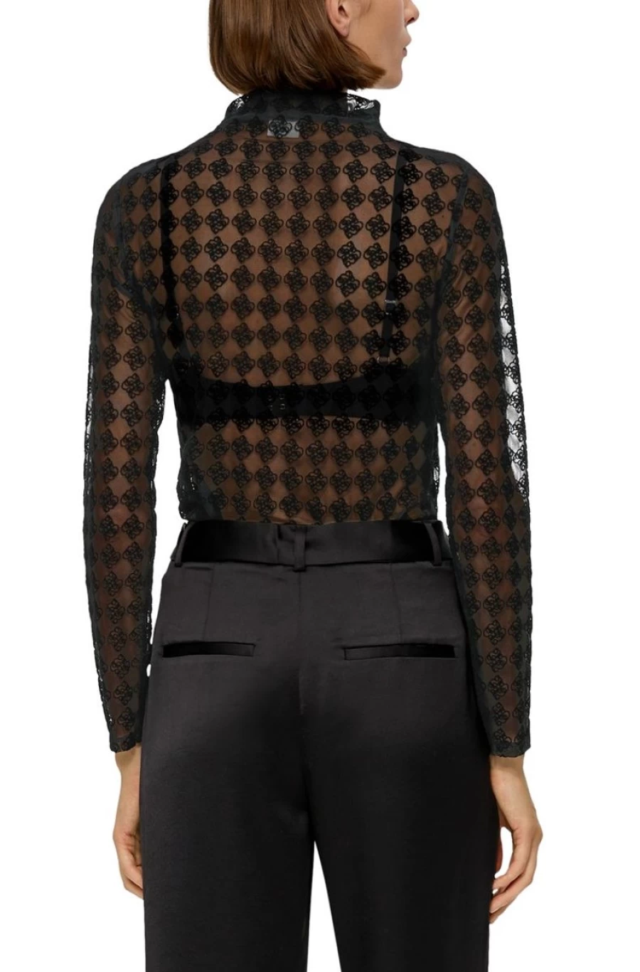 S.OLIVER Women's Black Mesh Long Sleeve Top with All-Over Pattern