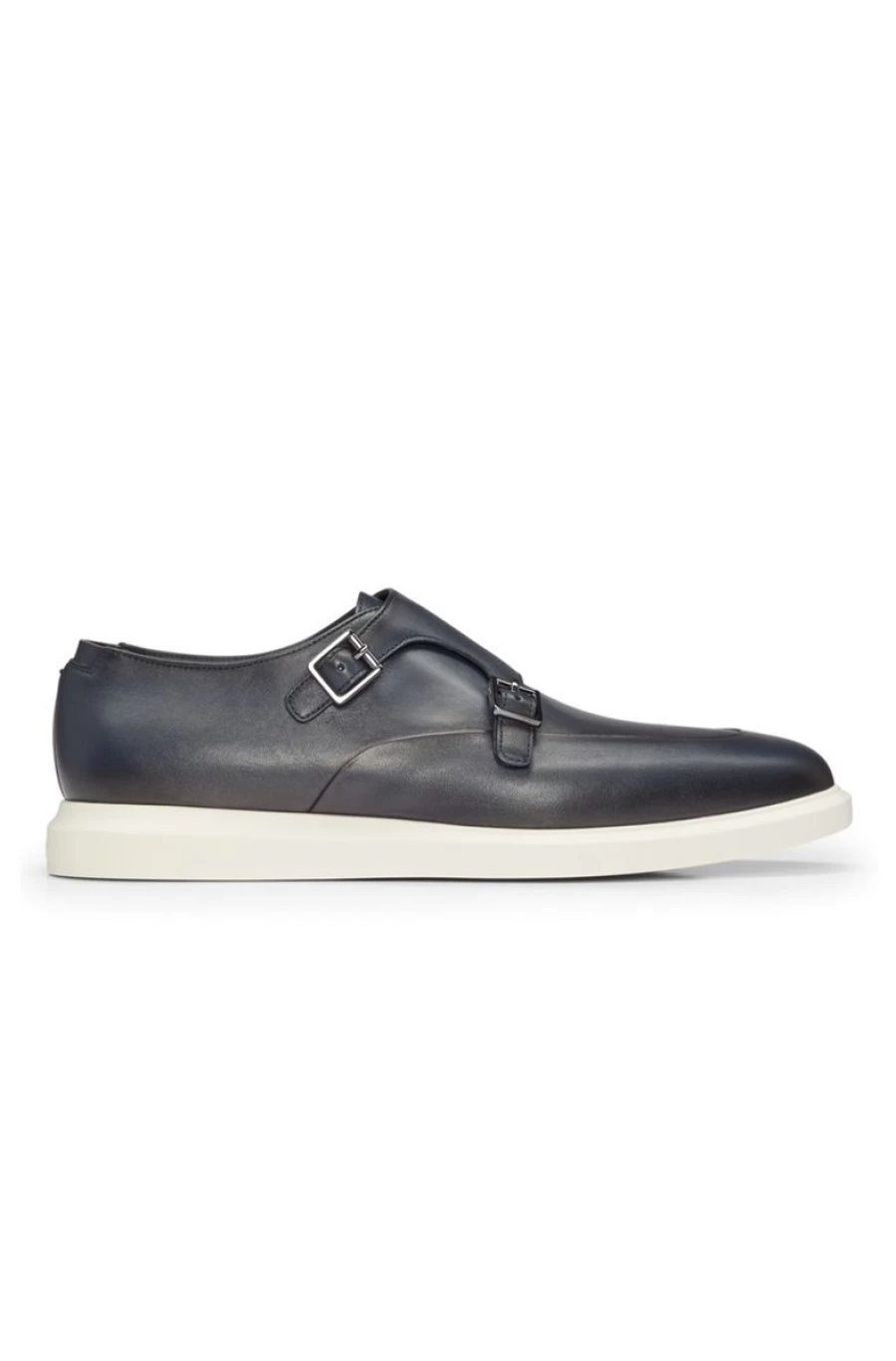 HUGO BOSS Men's Dark Blue Leather Monk Strap Shoes with Contrast Outsole & Double Buckle Design