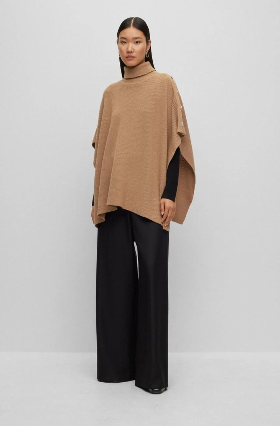 "HUGO BOSS Women's Knitted Turtle-Neck Poncho - Elegant Winter Wrap"