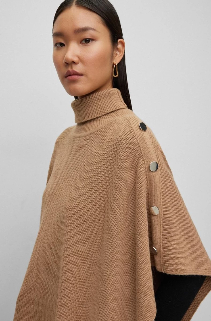 "HUGO BOSS Women's Knitted Turtle-Neck Poncho - Elegant Winter Wrap"