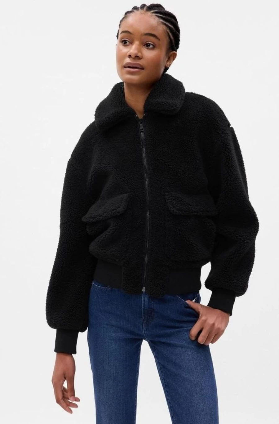 Women's Black Sherpa Moto Jacket by GAP - Cozy Fleece Biker Style Outerwear