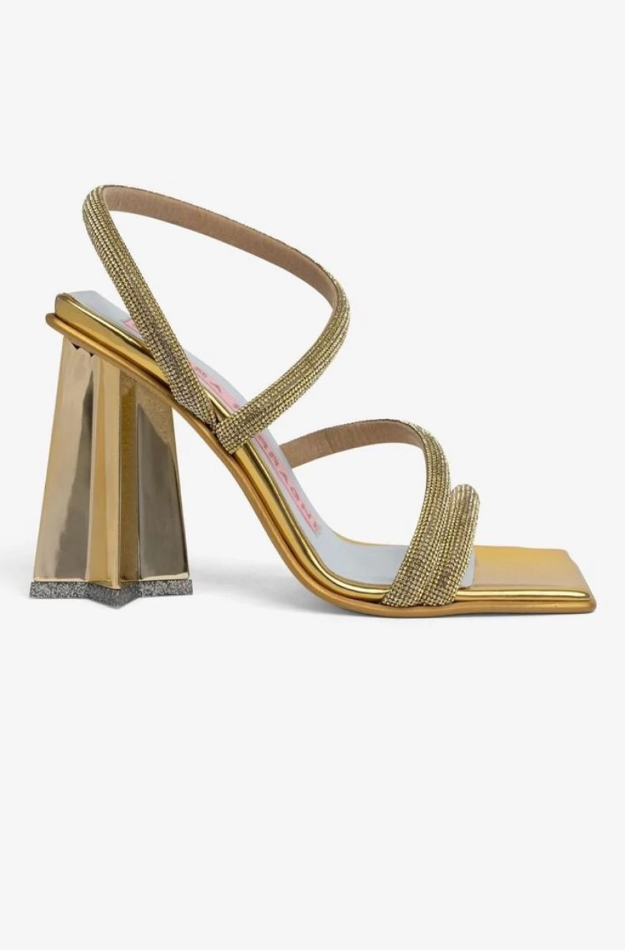 CHIARA FERRAGNI Women's Gold Rhinestone-Embellished Leather Sandals - Andromeda Glam Strappy Heels