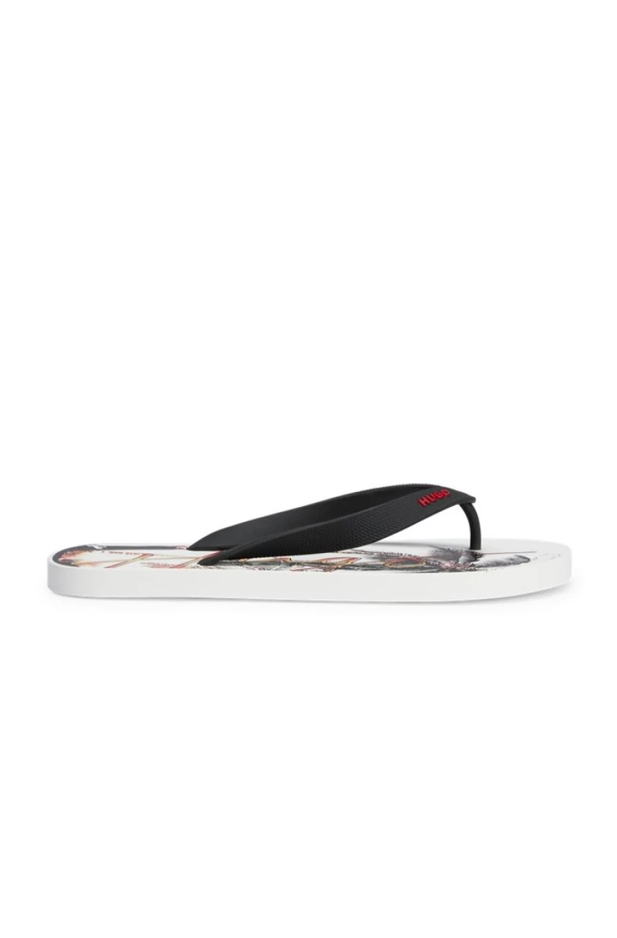 "HUGO BOSS Men's Palm Tree Print Flip-Flops with Handwritten Logo - Multi-Color Beach Sandals"