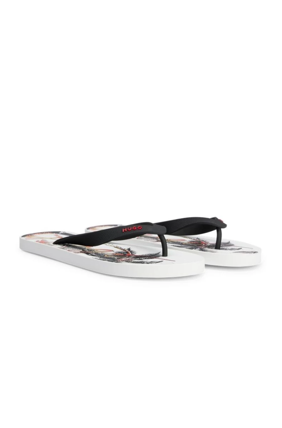"HUGO BOSS Men's Palm Tree Print Flip-Flops with Handwritten Logo - Multi-Color Beach Sandals"