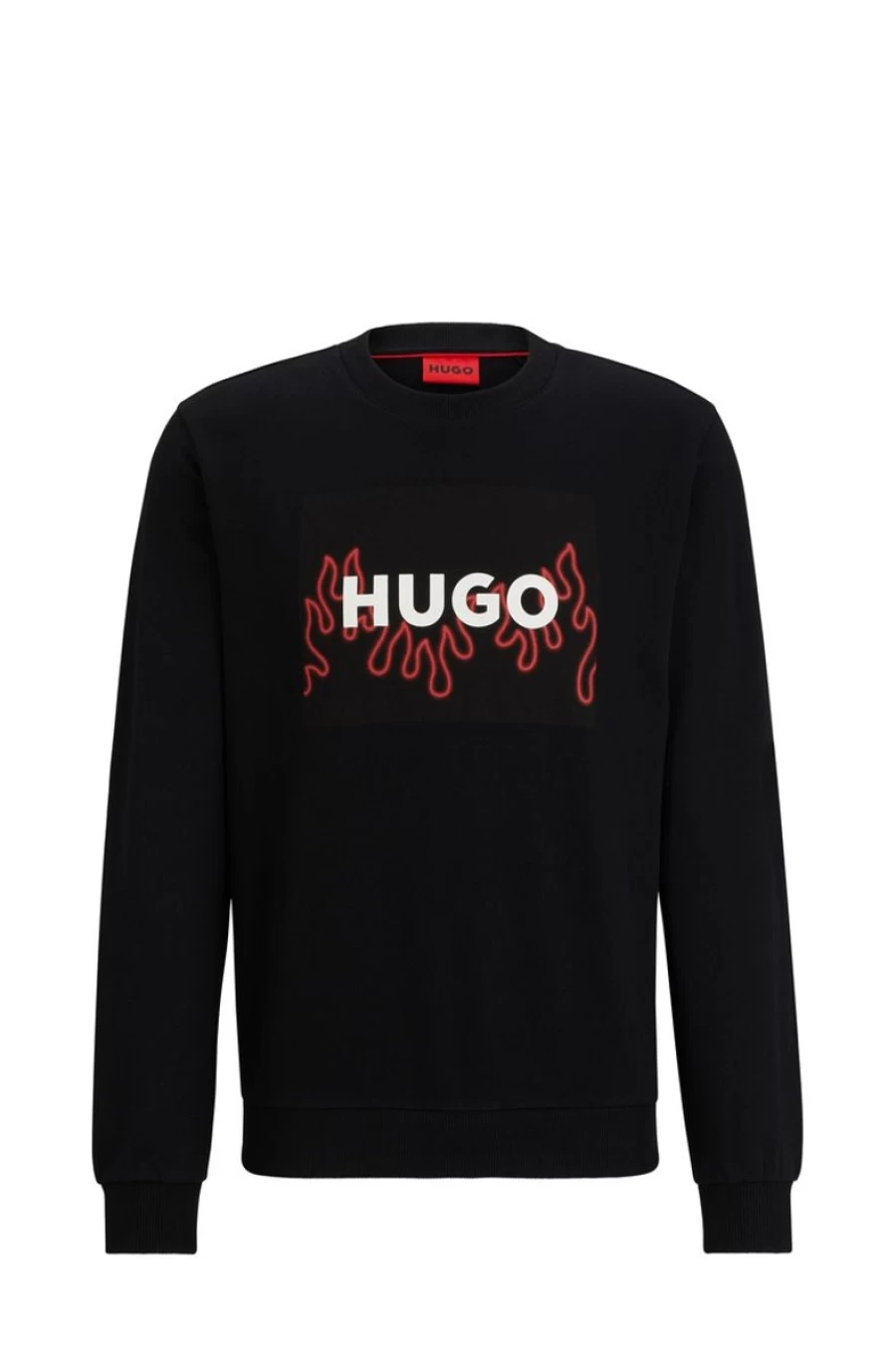 "HUGO BOSS Men's Black Cotton-Terry Regular-Fit Sweatshirt With Flame Logo"