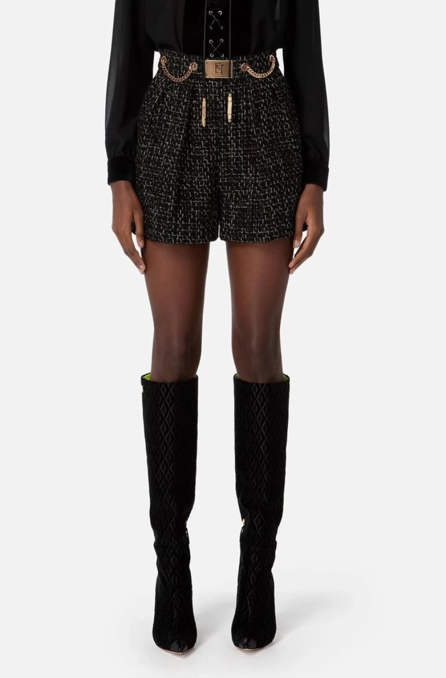 "ELISABETTA FRANCHI Women's Tweed Shorts with Chain Detail and Logo Plaque"
