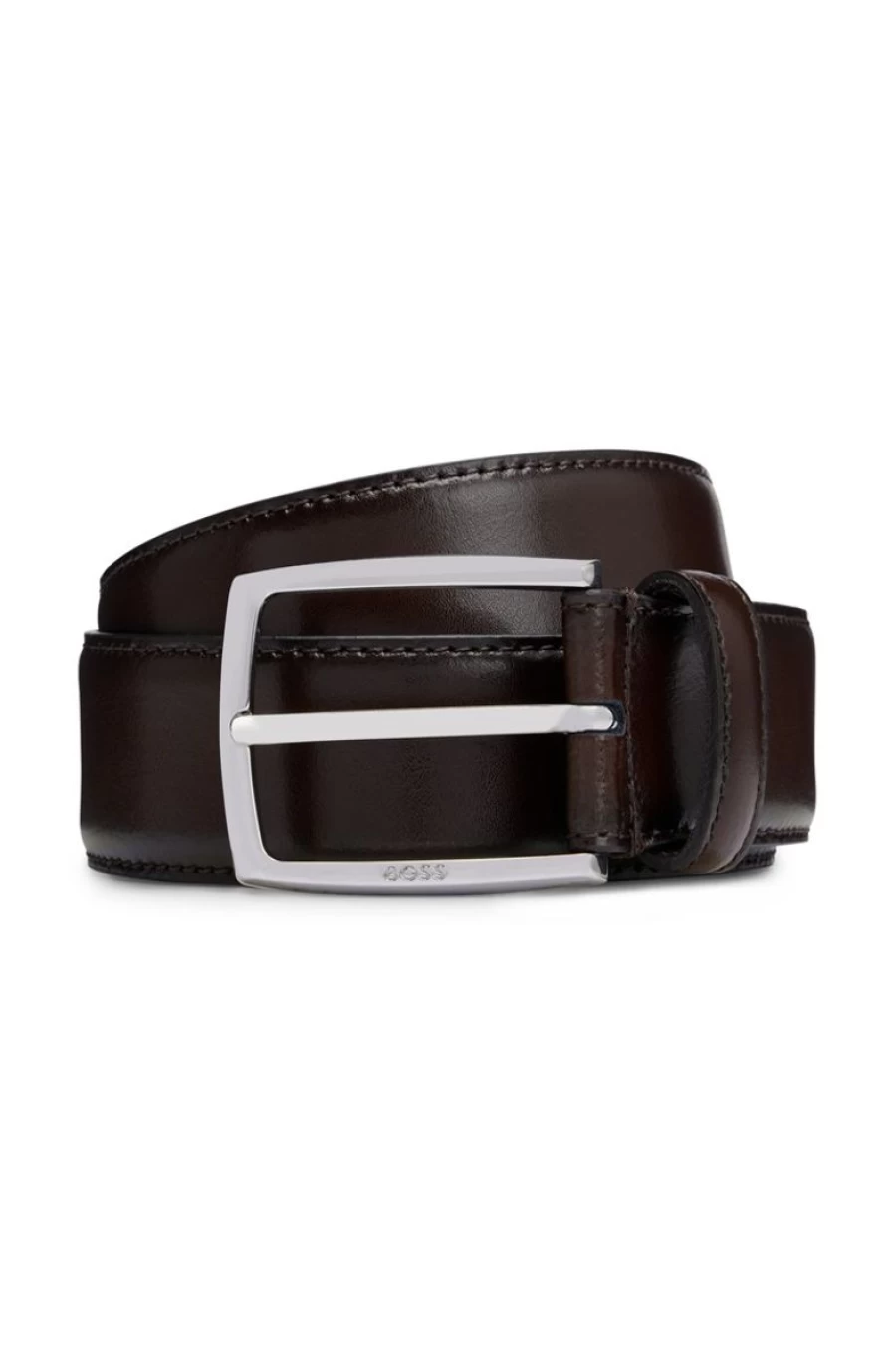 "HUGO BOSS Men's Dark Brown Polished Leather Belt with Stitching Detail"