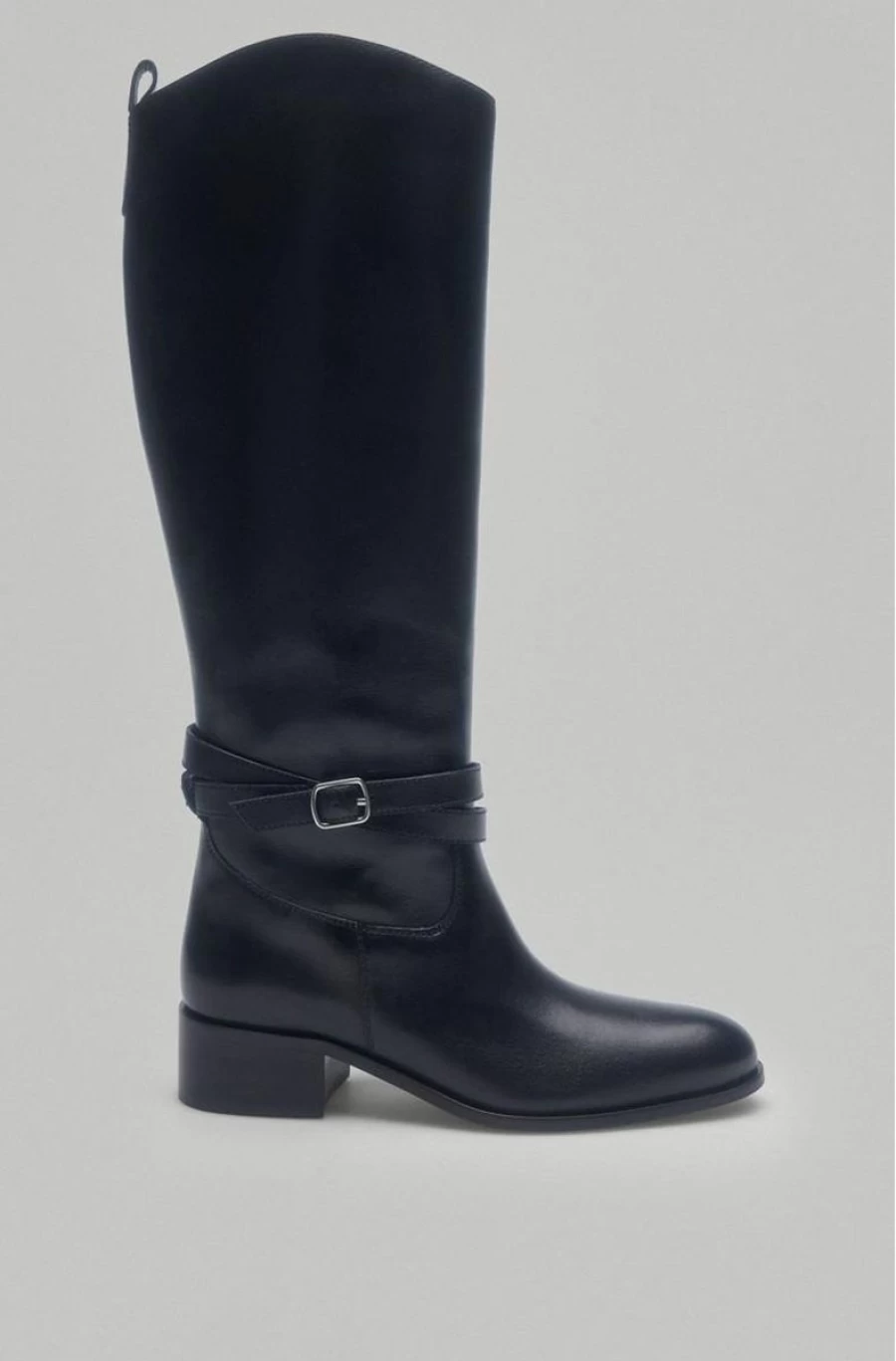 "PEDRO DEL HIERRO Women's Black Leather Riding Boots with Buckle - Low Heel Equestrian Boots"