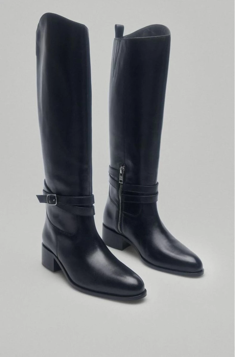 "PEDRO DEL HIERRO Women's Black Leather Riding Boots with Buckle - Low Heel Equestrian Boots"