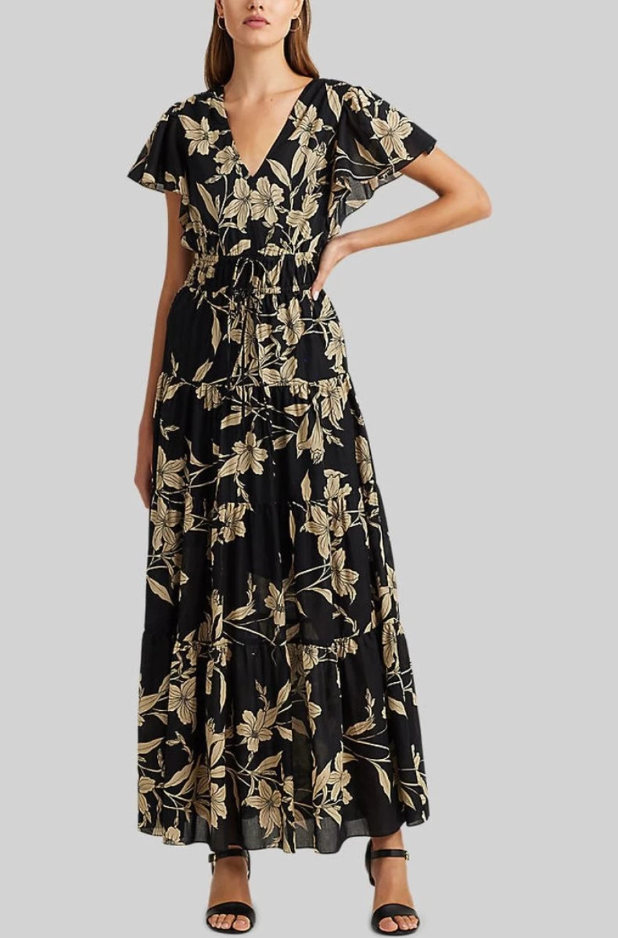 RALPH LAUREN Women's Floral Black Beige Cotton Voile Maxi Dress