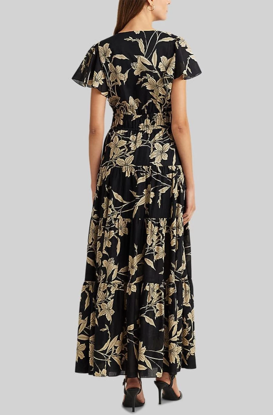 RALPH LAUREN Women's Floral Black Beige Cotton Voile Maxi Dress