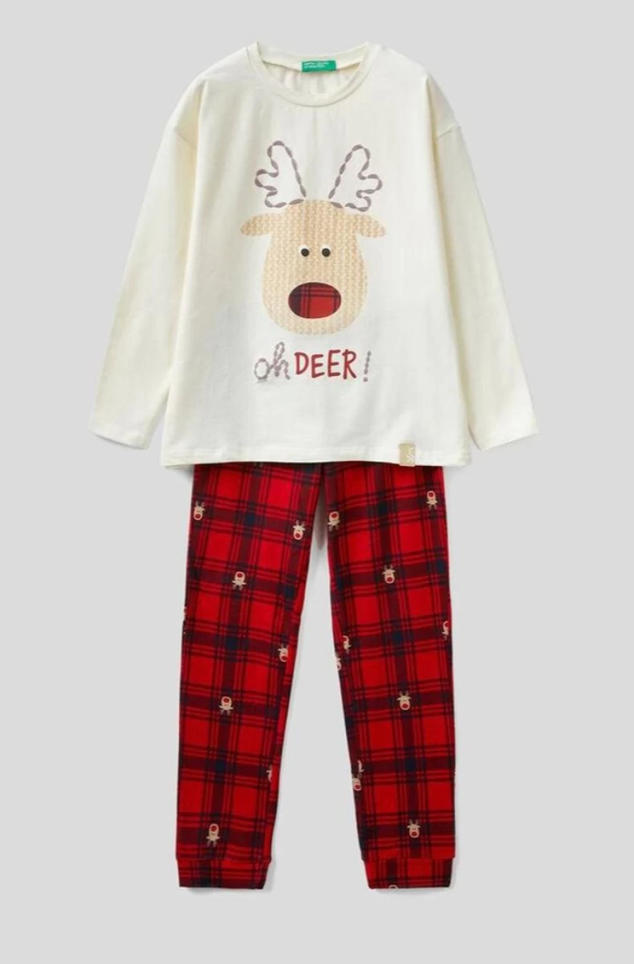 Benetton Girls' Red & Beige Reindeer Print Pyjamas - Festive Holiday Pajamas