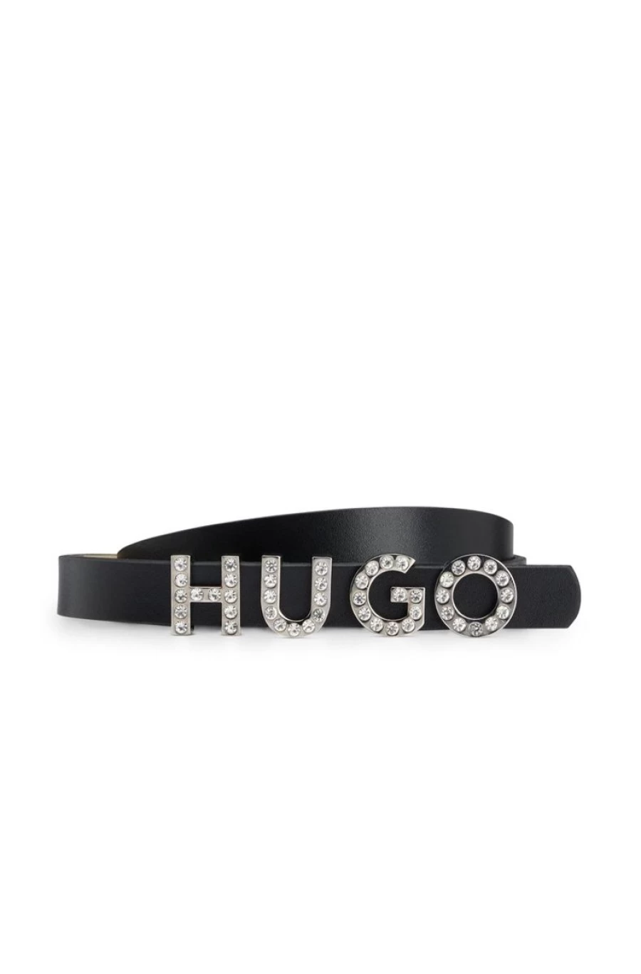 "HUGO BOSS Women's Black Leather Belt with Crystal-Embellished Logo Buckle"