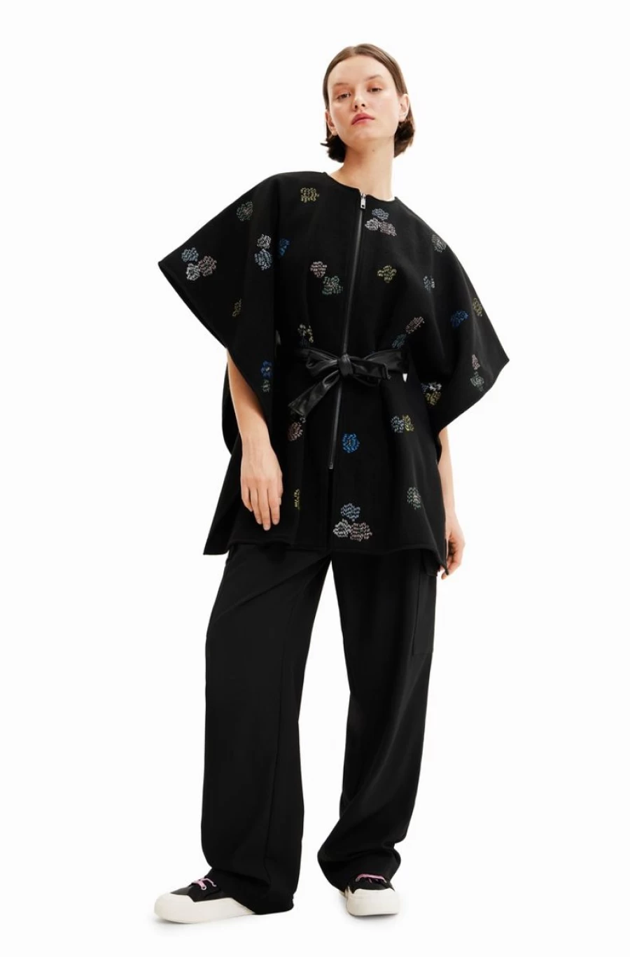 DESIGUAL Women's Embroidered Belted Poncho - Stylish Boho Chic Knit Cape Wrap
