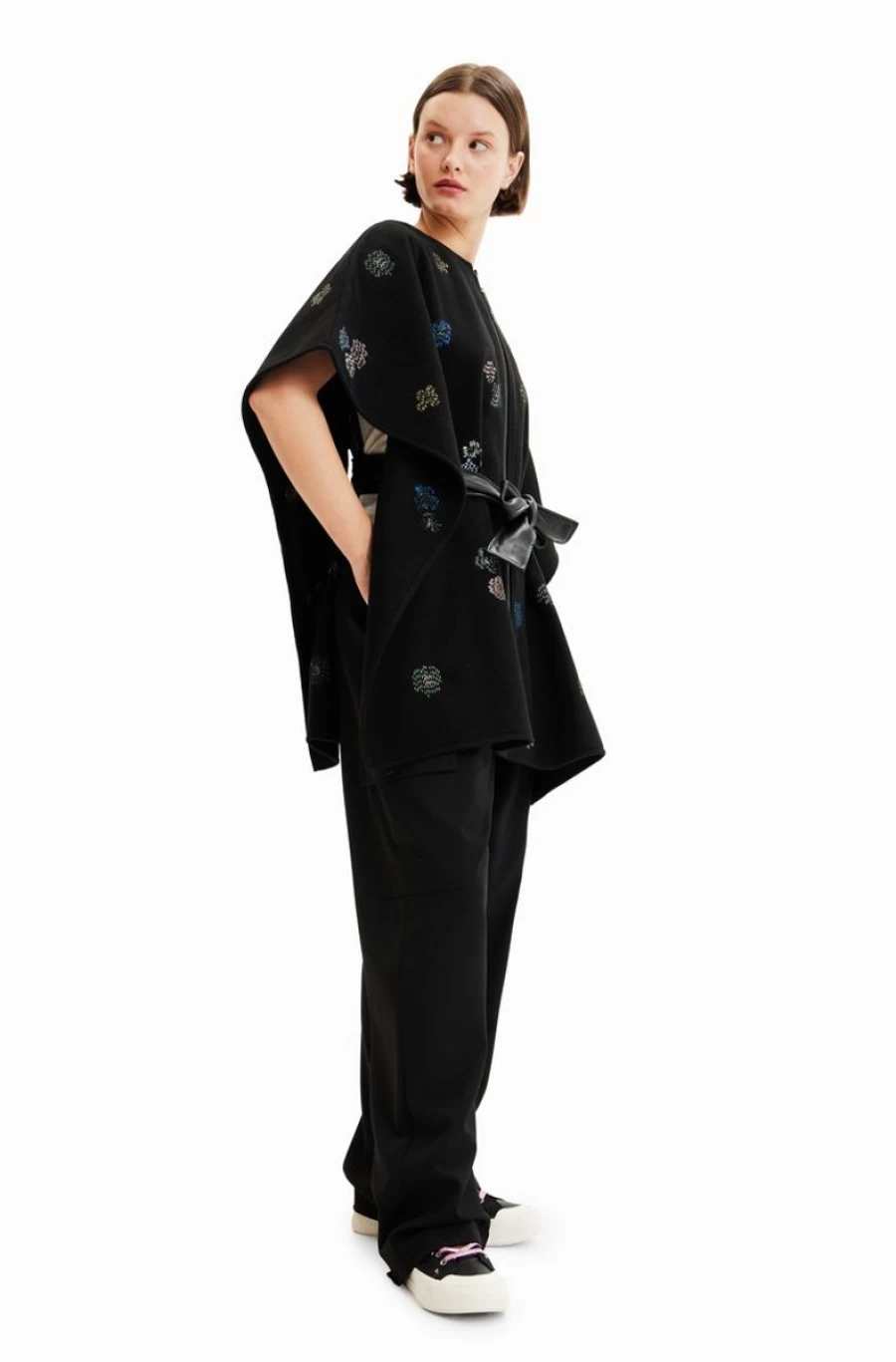 DESIGUAL Women's Embroidered Belted Poncho - Stylish Boho Chic Knit Cape Wrap