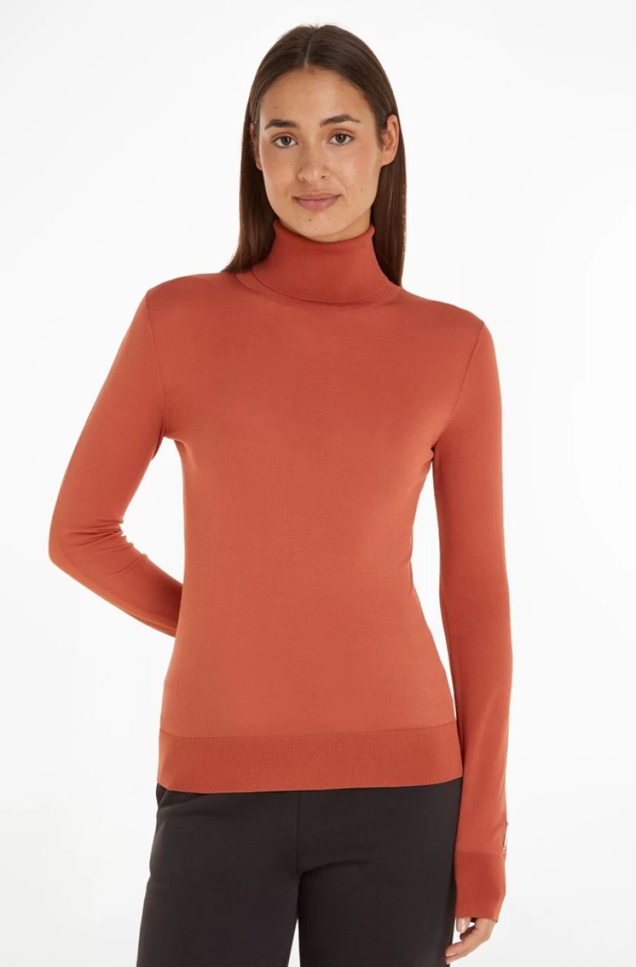 CALVIN KLEIN Women's Orange Sheer Panel Roll Neck Jumper Sweater