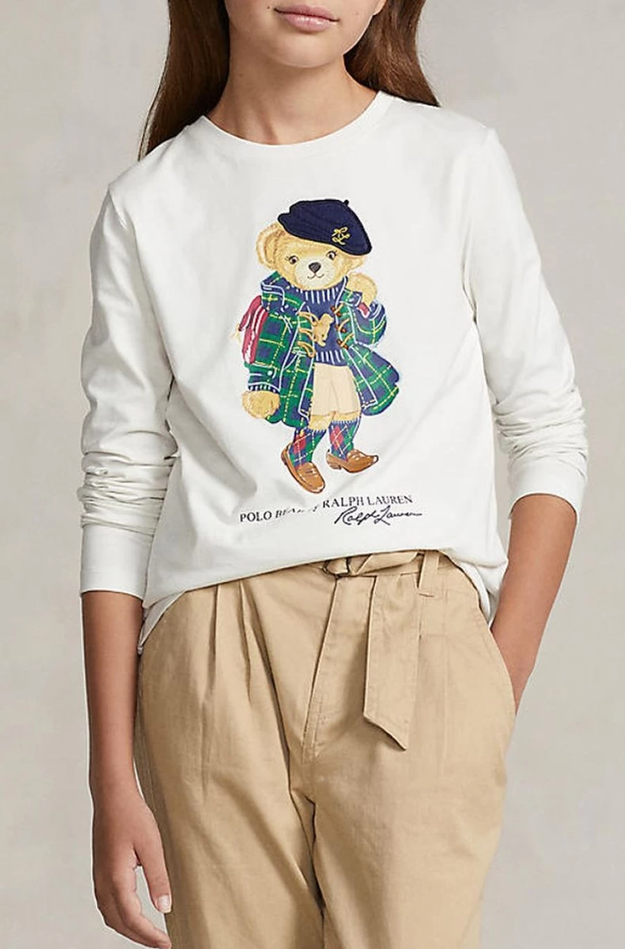 RALPH LAUREN Girls' White Polo Bear Cotton Long-Sleeve T-Shirt