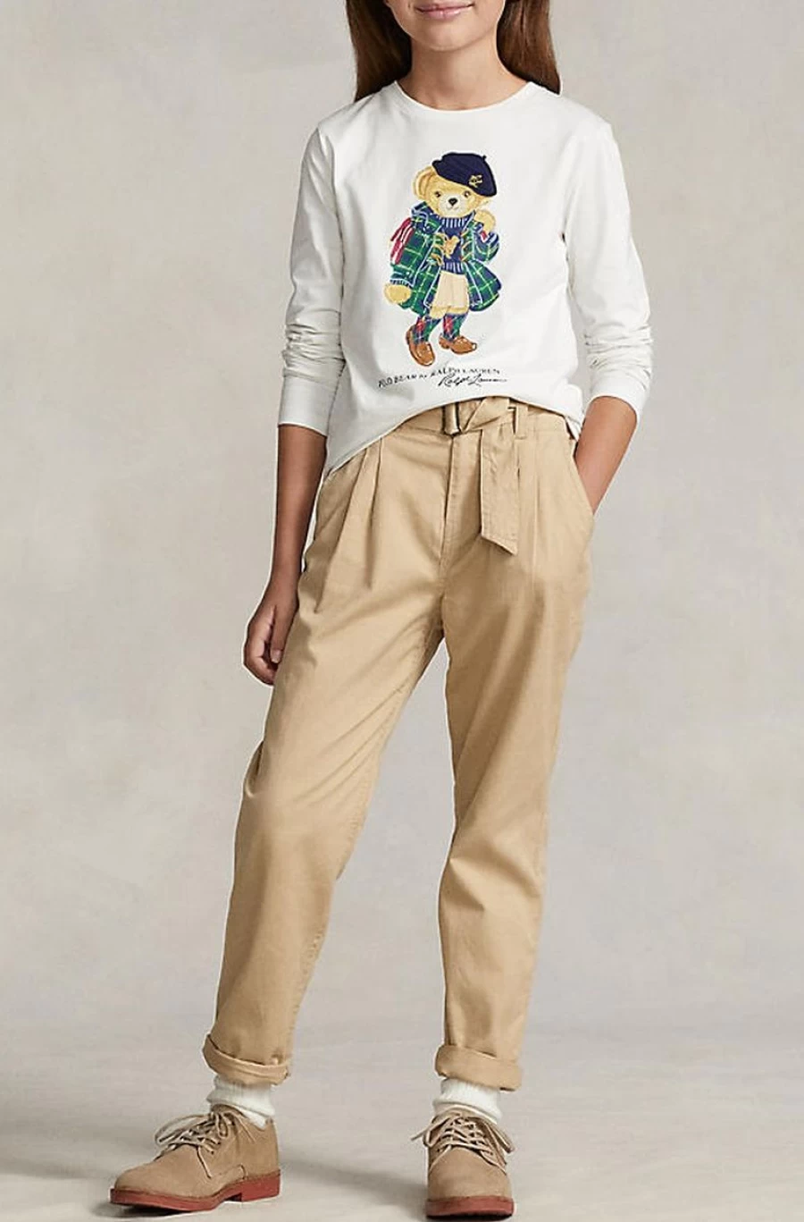 RALPH LAUREN Girls' White Polo Bear Cotton Long-Sleeve T-Shirt