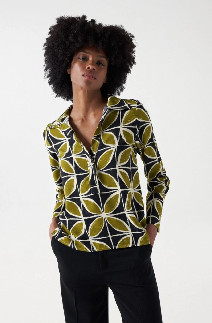 "SALSA JEANS Women's Floral Print Blouse in Green & Black - Stylish Floral Top"