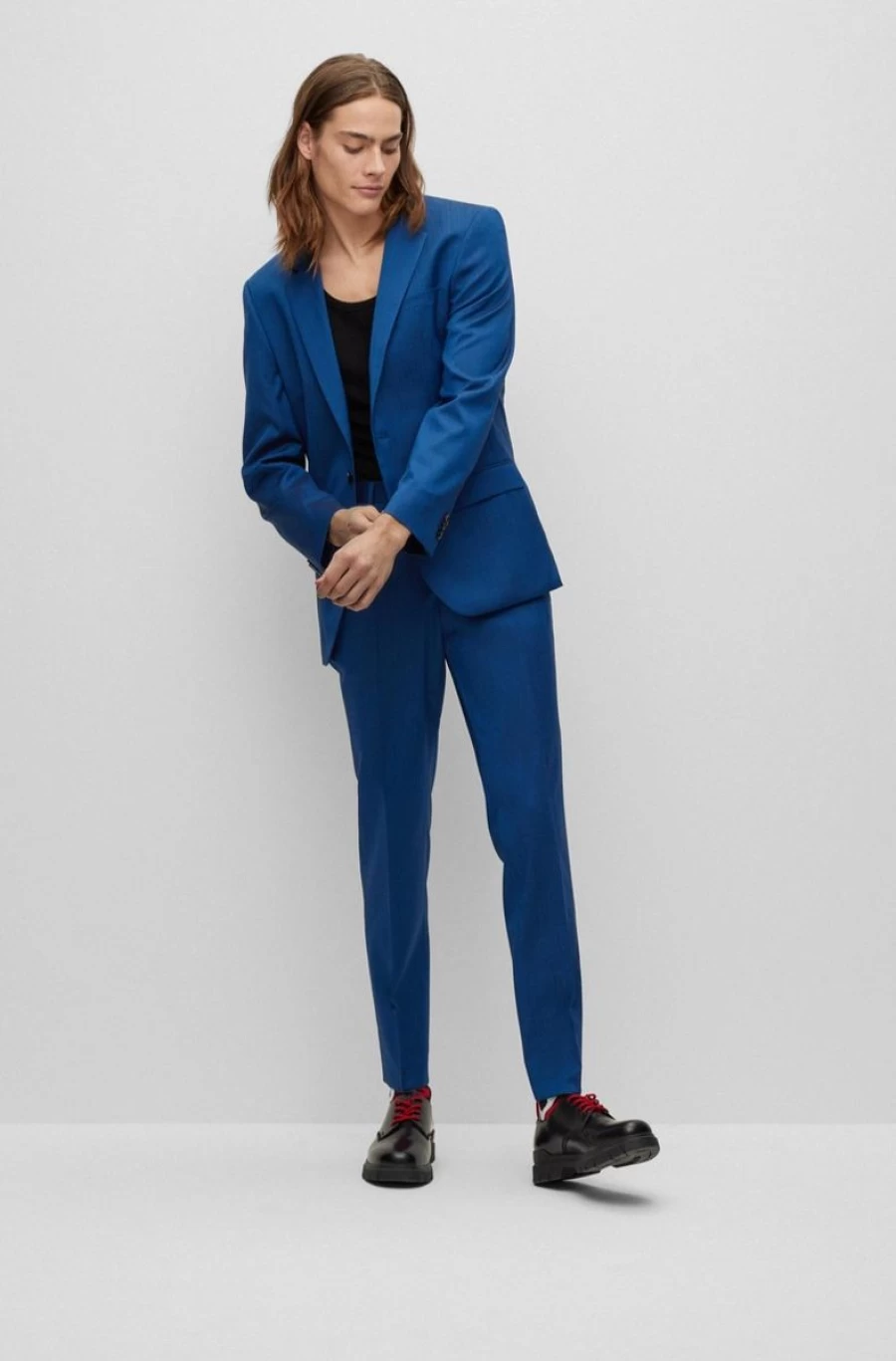 HUGO BOSS Men's Dark Blue Slim-Fit Mohair-Look Virgin Wool Suit