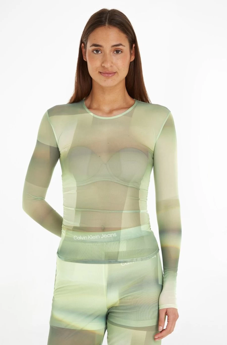 CALVIN KLEIN Women's Green Printed Mesh Long Sleeve Top
