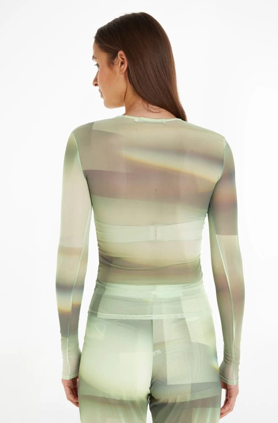 CALVIN KLEIN Women's Green Printed Mesh Long Sleeve Top