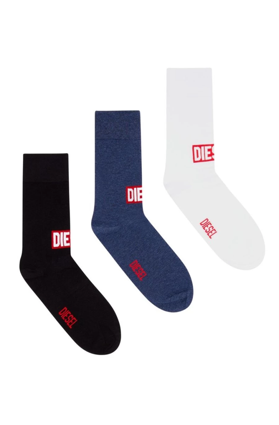 DIESEL Men's White/Blue Three-Pack Socks With Red Logo
