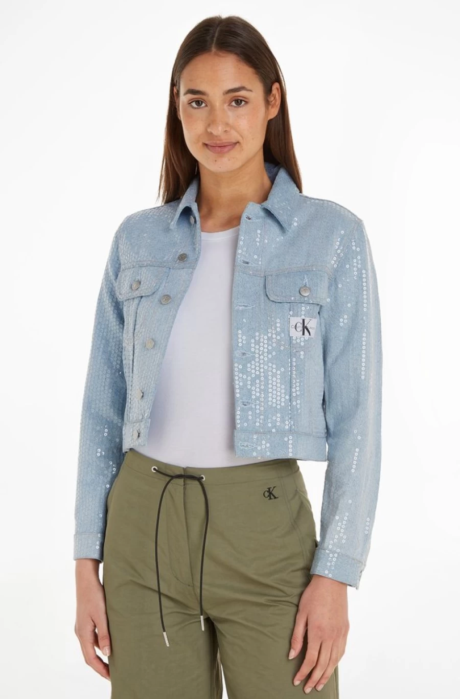 CALVIN KLEIN Women's Blue Cropped Sequin Denim Jacket - Sparkling Embellished Short Jean Coat