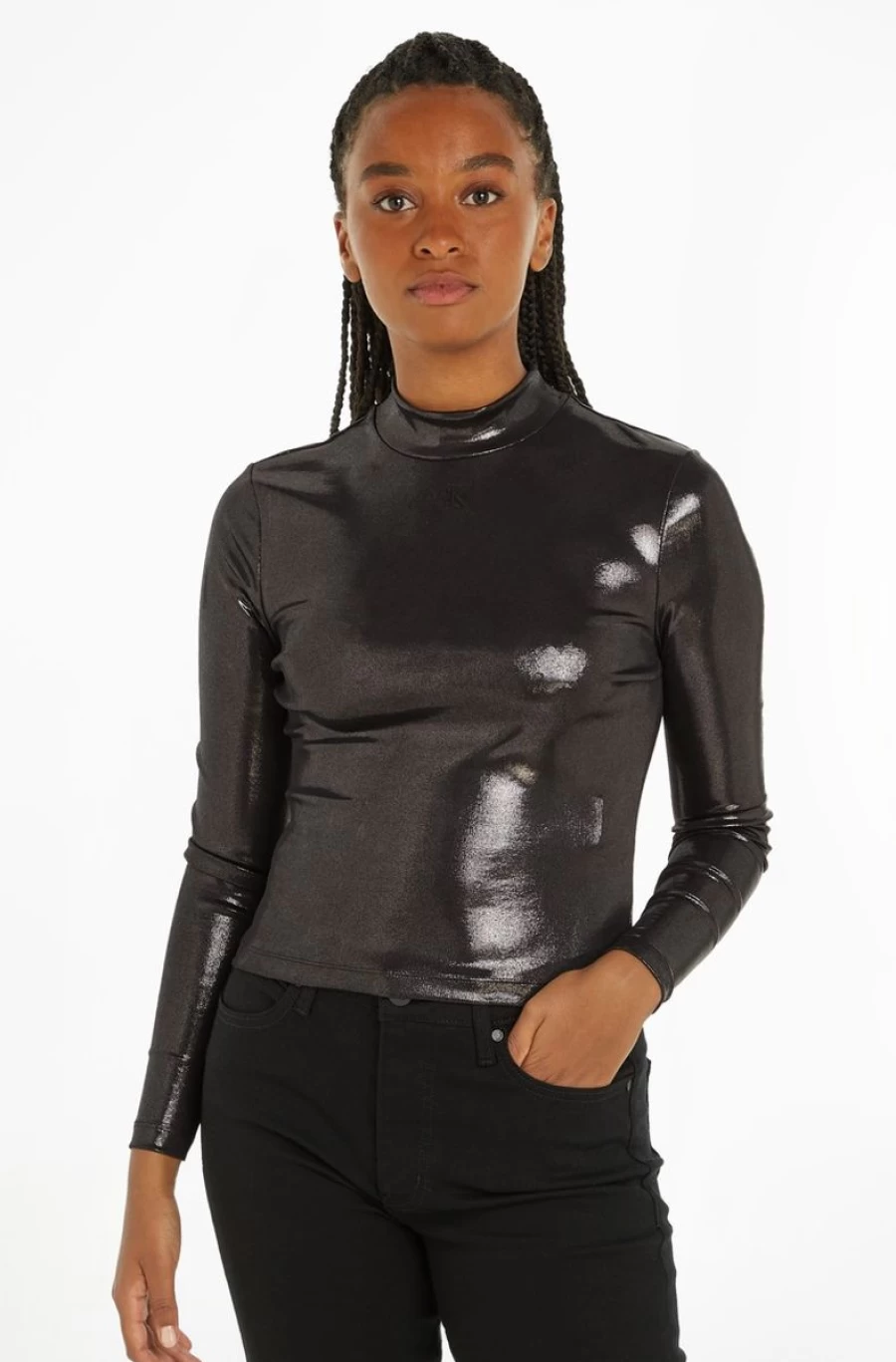 "CALVIN KLEIN Women's Black Metallic Long Sleeve Top"
