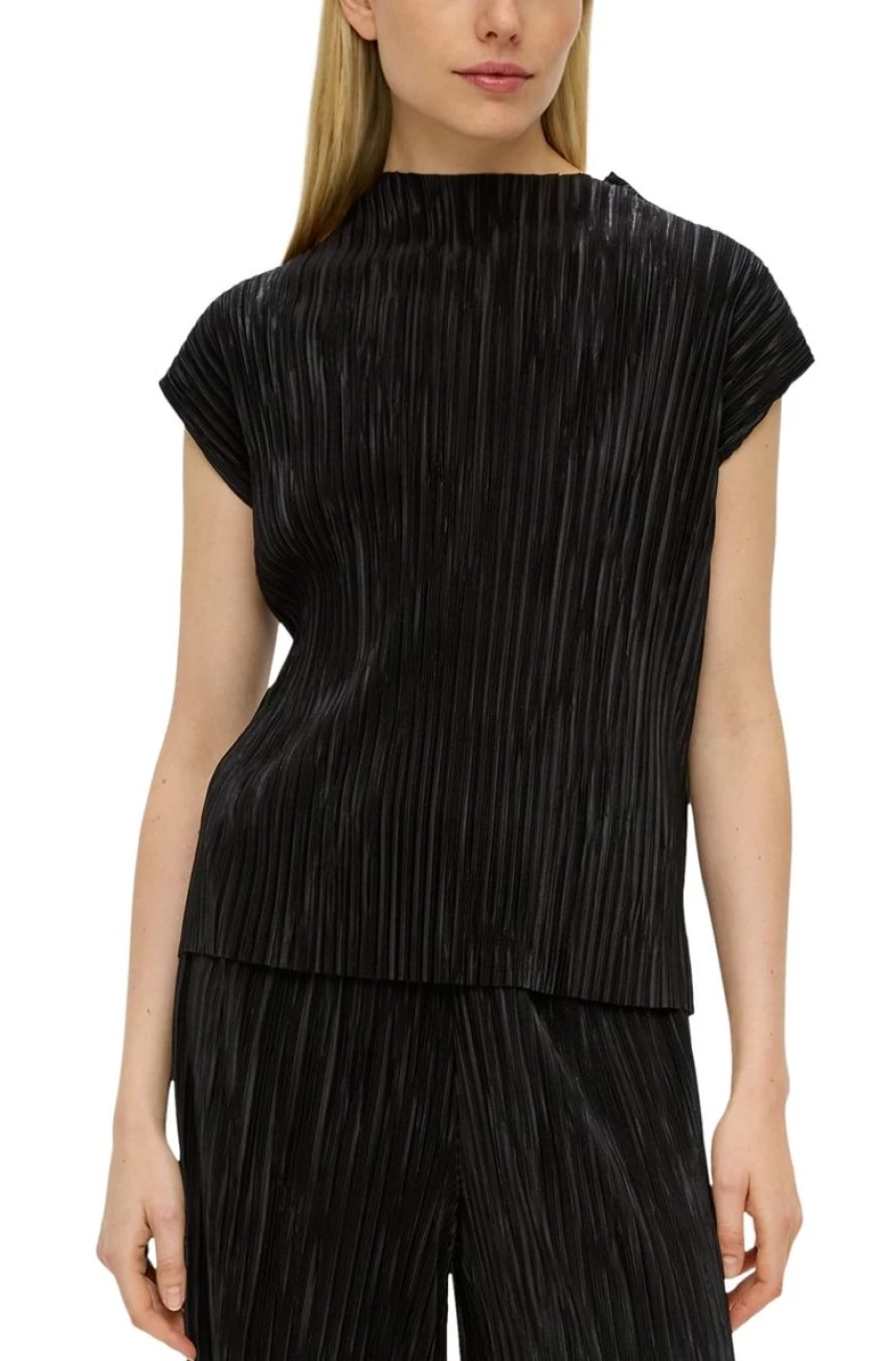 S.OLIVER Women's Black Blouse Top with Plisse Pleats Elegant Tunic Shirt