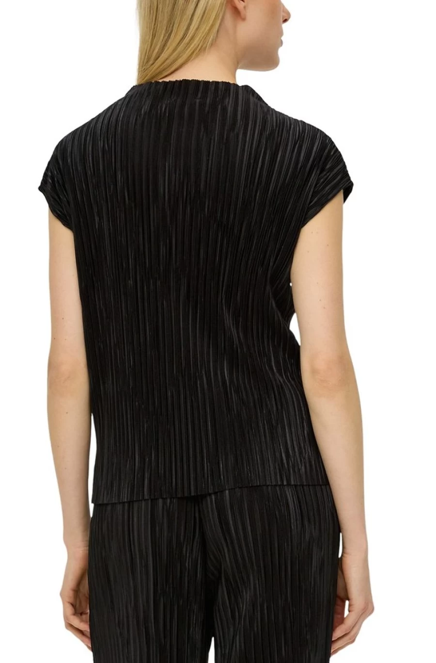 S.OLIVER Women's Black Blouse Top with Plisse Pleats Elegant Tunic Shirt