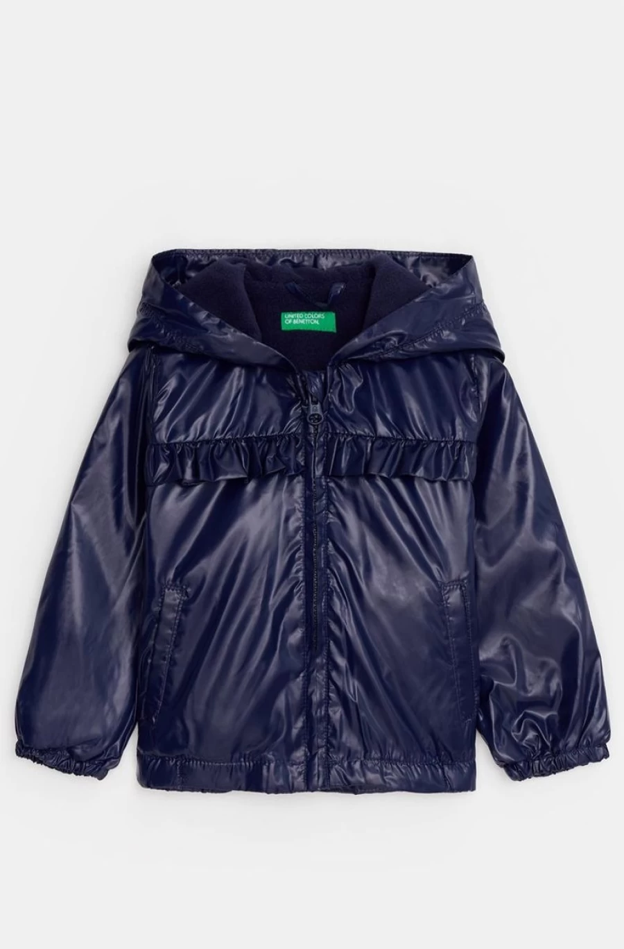 Benetton Girls Blue Fleece-Lined Hooded Jacket with Ruffles - Warm & Stylish Outerwear